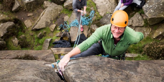 Mynydd member Richard W climbing at Froggatt Edge at the TUPTO 2018